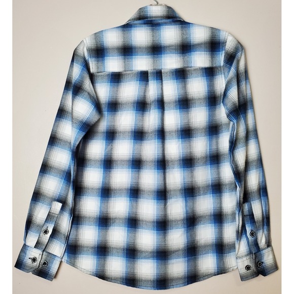 Dixxon‎ Flannel West Coast Customs Blue Black White Plaid Women's Small Button - Picture 2 of 13